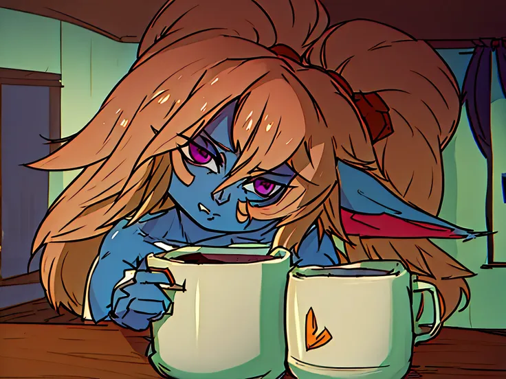 Poppy sentada na varanda de um apartamento, drinking coffee, linda e fofa, but at the same time she is provocative and sexy. /Estilo de arte anime.