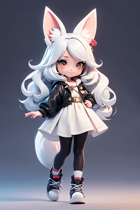 A girl with impressive white hair、Fox ears and tail、Hair Ornament、Black pantyhose、No sleeve、smile、cute shoes with accessories