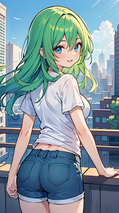 ((A Pretty girl with green hair and blue eyes)), ((Wearing Plain white T-shirt and hot pants)), Baby face, ((master piece, top-quality, ultra-definition, high resolution)), anime girl, ((ultra-detailed illust:1.2)), only one person, bangs, hair between eye...