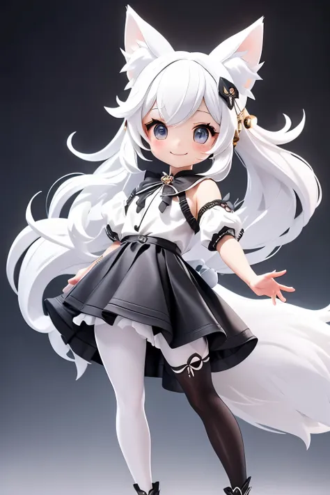 A girl with impressive white hair、Fox ears and tail、Hair Ornament、Black pantyhose、No sleeve、smile、cute shoes with accessories