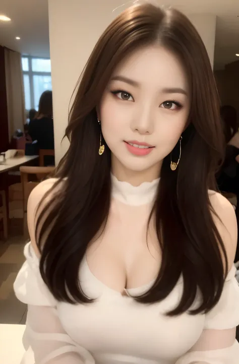 (24 year old lover), (big breasts:1.3),   (Have a sumptuous dinner in front of you、wine glass in front)、(classy and cute girl:1.3), (Wearing an off-shoulder white silk blouse:1.2), (orange flare skirt:1.2), (slender body shape:1.1), beautiful clavicle,(mas...