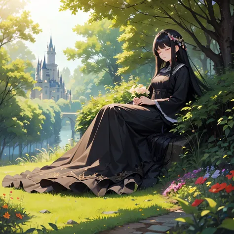 A woman, long hair, black hair, eyes closed, location, forest, sitting in the flower field, long dress, showing the background castle,castle, beautiful, long hair