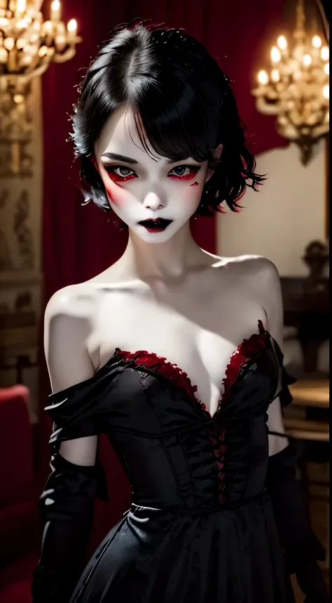 one girl、unparalleled beauty、cute face、ruddy face、Detailed eyes、(((vampire、crimson eyes、black lips、Expressionless)))、dark fantasy、Drifting eroticism、short bob、Classy dresses、small breasts、old castle、dark drawing room、Luxurious ornaments、dark lighting、dark ...