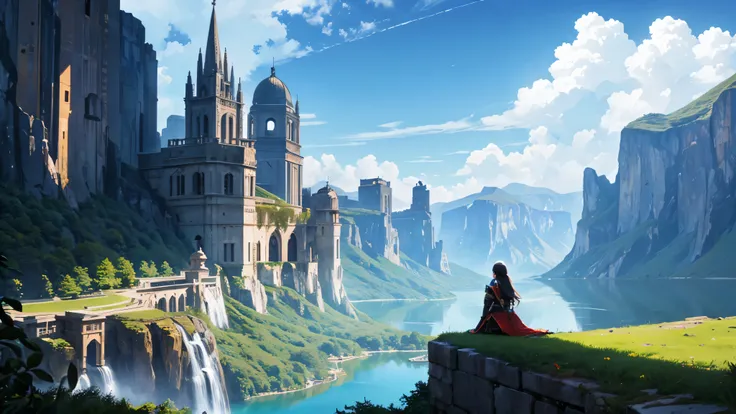 best image quality,background,masterpiece,ancient city,unrest,dark　,fantasy,cliff、lake