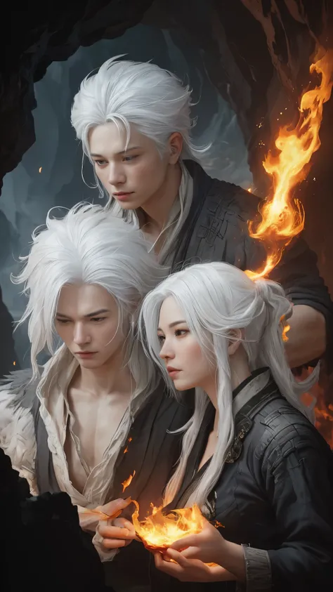 painting of a couple of people with white hair in a fiery cave, consumed in flames, Ian J., barge and sakimichan, by Zeen Chin, Author: Ni Tian, work in Guweiz style, Li Song, ot Fan Qi, Artgerm and Ruan Jia, by Chen Lin, Charlie Bowater and Artgim