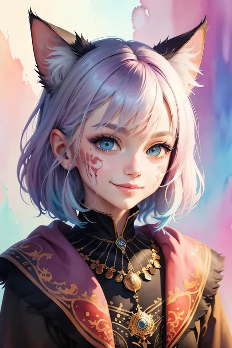 Color Style, digital art of (Cat character), official art, front, smile, masterpiece, beautiful, ((watercolor)), face painting, Ink splash, intricate details. very fine eyes, [drip:0.5], art station trends, Rachel Walker