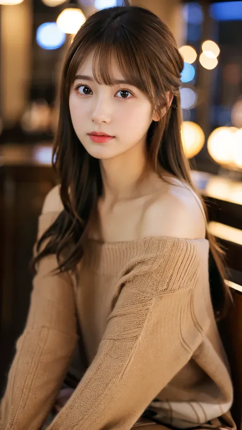 best quality ,masterpiece,ultra high res, very beautiful, kawaii, (photo realistic:1.4), 1girl, Japanese, brown hair, Cinematic, 35mm lens, f/ 1. 8, accent lighting, 8k, off-the-shoulder top, leggings, sitting, cafe, from below, 