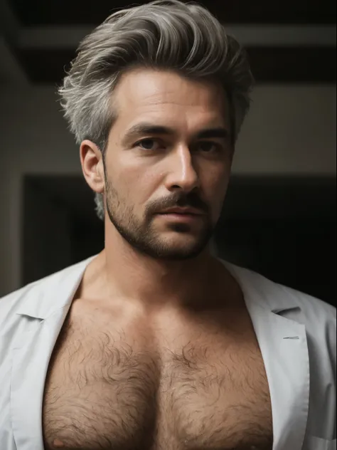 masterpiece, best quality, high resolution, closeup portrait, male focus, solo focus, A man, 50 years old, with doctor uniform, unbuttoned work clothes, white hair, construction worker, silver grey hair, messy hairstyle, cute and seductive face, bare chest...