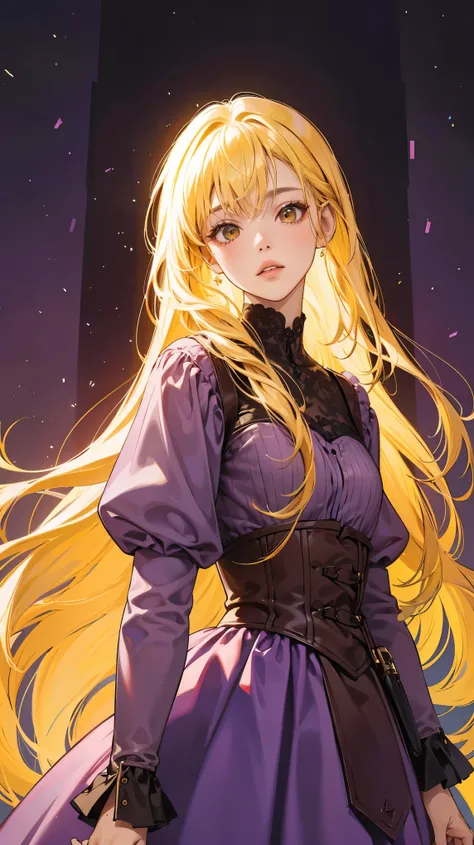 1girl, yellow hair, long hair, blonde, brown eyes, purple dress, long sleeve, parted lips, big 