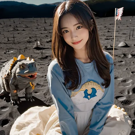 (Girl and a dinosaurs on the moon:1.5) ,(landing on the moon:1.2),(dinosaurs:1.2),original photography,(ultimate beauty portrait、sparkling skin、1 girl、Smile、brown hair、Big eyes sparkling like gems、Harajuku、24 year old beautiful girl),space suit,Flag of Chi...