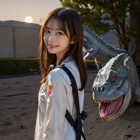 (Girl and a dinosaurs on the moon:1.5) ,(landing on the moon:1.2),(dinosaurs:1.2),original photography,(ultimate beauty portrait、sparkling skin、1 girl、Smile、brown hair、Big eyes sparkling like gems、Harajuku、24 year old beautiful girl),space suit,Flag of Chi...