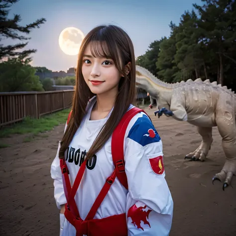 (Girl and a dinosaurs on the moon:1.5) ,(landing on the moon:1.2),(dinosaurs:1.2),original photography,(ultimate beauty portrait、sparkling skin、1 girl、Smile、brown hair、Big eyes sparkling like gems、Harajuku、24 year old beautiful girl),space suit,Flag of Chi...