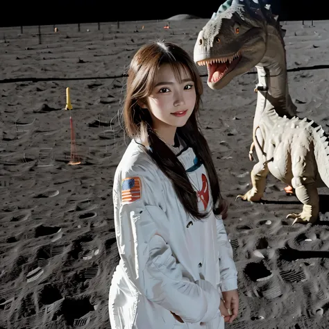 (Girl and a dinosaurs on the moon:1.5) ,(landing on the moon:1.2),(dinosaurs:1.2),original photography,(ultimate beauty portrait、sparkling skin、1 girl、Smile、brown hair、Big eyes sparkling like gems、Harajuku、24 year old beautiful girl),space suit,Flag of Chi...