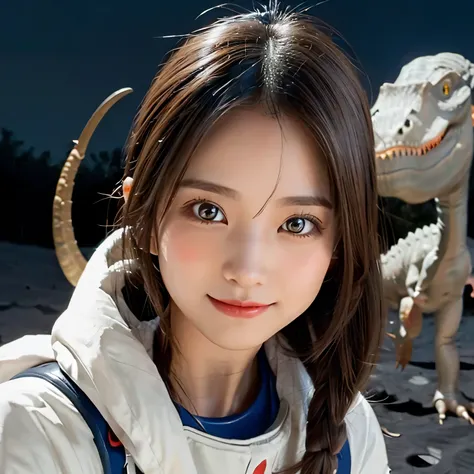 (Girl and a dinosaurs on the moon:1.5) ,(landing on the moon:1.2),(dinosaurs:1.2),original photography,(ultimate beauty portrait、sparkling skin、1 girl、Smile、brown hair、Big eyes sparkling like gems、Harajuku、24 year old beautiful girl),space suit,Flag of Chi...