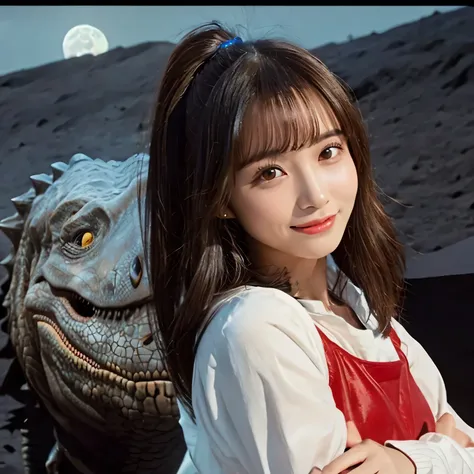 (Girl and a dinosaurs on the moon:1.5) ,(landing on the moon:1.2),(dinosaurs:1.2),original photography,(ultimate beauty portrait、sparkling skin、1 girl、Smile、brown hair、Big eyes sparkling like gems、Harajuku、24 year old beautiful girl),space suit,Flag of Chi...