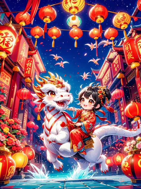 （Super fine，HD：1.2），Extremely cute toddler princess，Chinese dragon，Chinese New Year Celebration，firecrackerecrackers，red spring couplets，bright colors，traditional clothing，Joyful and peaceful atmosphere，lantern，auspicious symbols，dragon dance，Festive decor...