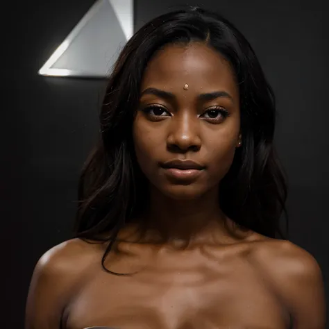 Jeune femme noire de 22 ans avec une forme de visage triangulaire, une peau lisse, a dark complexion and an expressive physiognomy.
