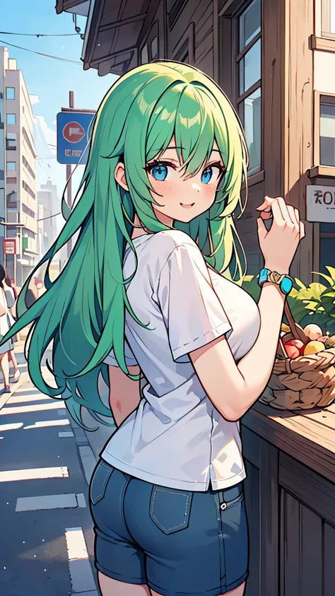 ((A Pretty girl with green hair and blue eyes)), ((Wearing Plain white T-shirt and hot pants)), Baby face, ((master piece, top-quality, ultra-definition, high resolution)), anime girl, ((ultra-detailed illust:1.2)), only one person, bangs, hair between eye...