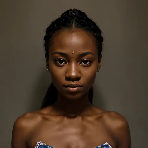 Jeune femme africaine de 22 ans avec une forme de visage triangulaire, une peau lisse, a dark complexion and an expressive physiognomy.
