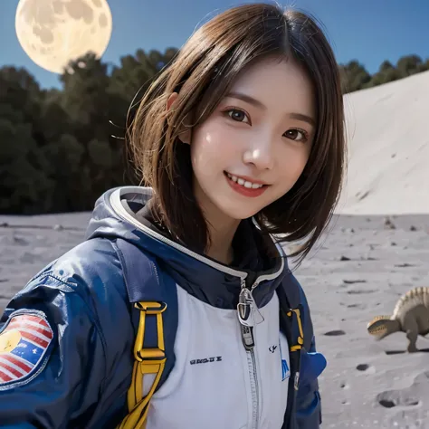 (Girl and a dinosaurs on the moon:1.5) ,(landing on the moon:1.2),(dinosaurs:1.2),original photography,(ultimate beauty portrait、sparkling skin、1 girl、Smile、bright expression、brown hair、Big eyes sparkling like gems、Harajuku、24 year old beautiful girl),spac...