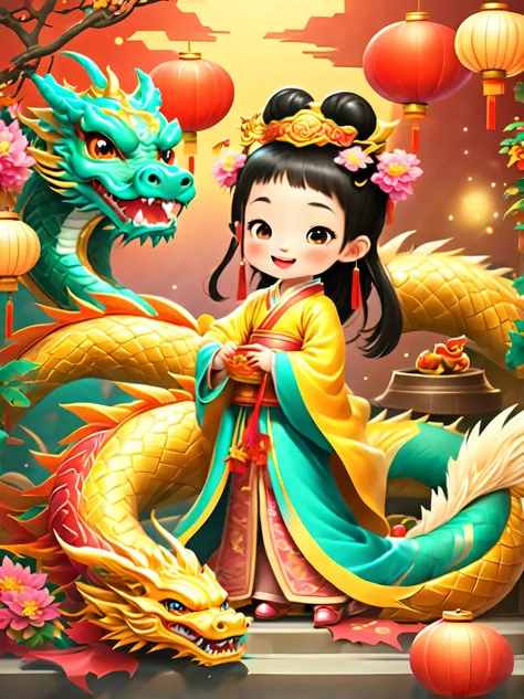 happy and festive scene,Cute and lively five year old ancient Chinese princess hugging furry stuffed toy, little dragon in chinese mythology. Both fell asleep peacefully. Festive decorations enhance the background, Such as lanterns, Colorful banners, and t...