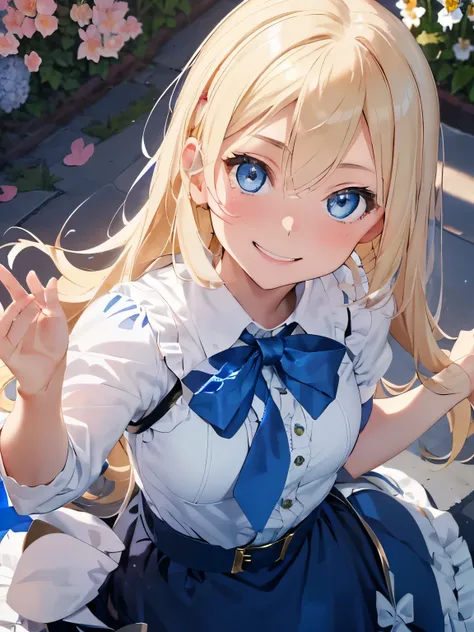 character//1 girl,(blonde),(A state in which it is tied only on one side of the temporal region and hangs down.:1.3),((big blue ribbon in knot:1.2)),(Stardust phenomenon from faint hair),(Tsundere),((A confident and confident smile)),BREAK//((Blue eyes tha...