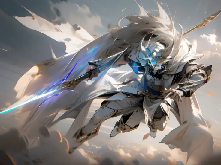 gray sky，on the cliff，Flying dust，zhao yun，Put your right hand on the ground，Holding a spear in his left hand，The spear glows blue，The white cloak flows behind her，