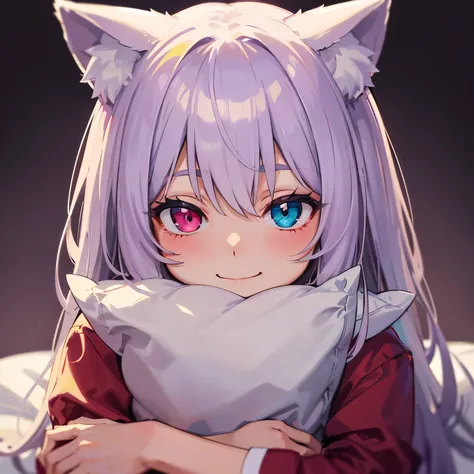 close-up portrait of ((solo catgirl)) hugging a pillow, light violet hair, nekomimi, simple plain background, innocent smile, pajamas, masterpiece, heterochromia, polychromia