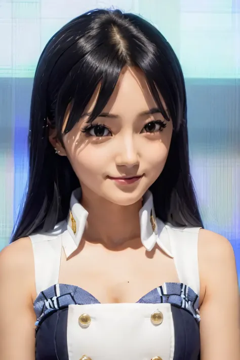 (((pixel perfect, Perfection with attention to detail))), Big eyes, alone, 1 girl, Chihaya Kisaragi, (black hair), Idol, stage, looking at the viewer, smile, break (flat chest:1.5)
