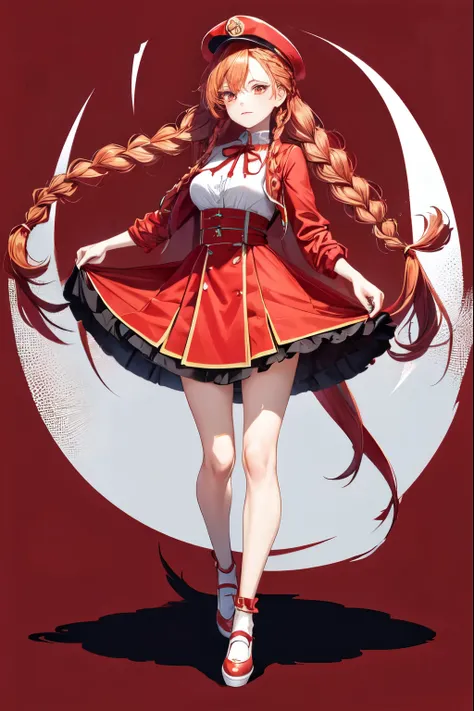 a female anime style character drawing posing on a red background with red shoes and clothes, 1girl, red eyes, solo, long hair, braid, hat, dress, looking at viewer, breasts