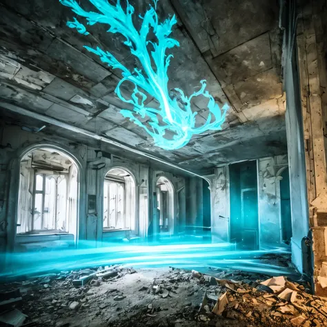 best quality, 3D, dark fantasy, horror, gloomy abandoned hospital, white haze, blue sparks, human anatomy diagram, image processing with mysterious effects