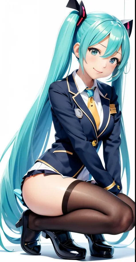 hatsune miku、anime girl with long hair and a gun in her hand,shimashima pantiesがよく見える、hatsune miku、squatting、spread legs、show pa...