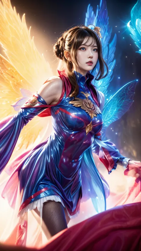 a woman with a blue dress and wings is standing in front of a red background, extremely detailed artgerm, style of artgerm, artgerm detailed, style artgerm, artgerm style, ! dream artgerm, in style of artgerm, ig model | artgerm, astral fairy, as seen on a...