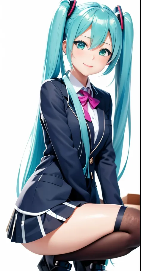 Hatsune Miku、Anime girl with long hair and a gun in her hand,Shimashima Pantiesがよく見える、Hatsune Miku、Squatting、spread legs、show panties,super mini skirt、緑と白のShimashima Panties、From miniskirt to c Kantai Collection style,Shimashima Panties、super mini skirt、 p...