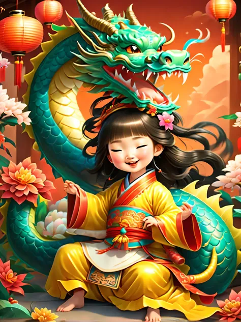 happy and festive scene,Cute and lively five year old ancient Chinese princess hugging furry stuffed toy, little dragon in chinese mythology. Both fell asleep peacefully. Festive decorations enhance the background, Such as lanterns, Colorful banners, and t...