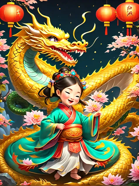 happy and festive scene,Cute and lively five year old ancient Chinese princess hugging furry stuffed toy, little dragon in chinese mythology. Both fell asleep peacefully. Festive decorations enhance the background, Such as lanterns, Colorful banners, and t...