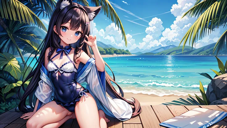 ((masterpiece、8K、highest quality: 1.perfect fingers: 1.perfect anatomy: 1.3、background blur))、((two girls in the center of the screen))、(dog ears、((swimsuit))、kimono maid、long sleeve)、((16 years old、small face、super beautiful girl、straight long hair))、((Sm...