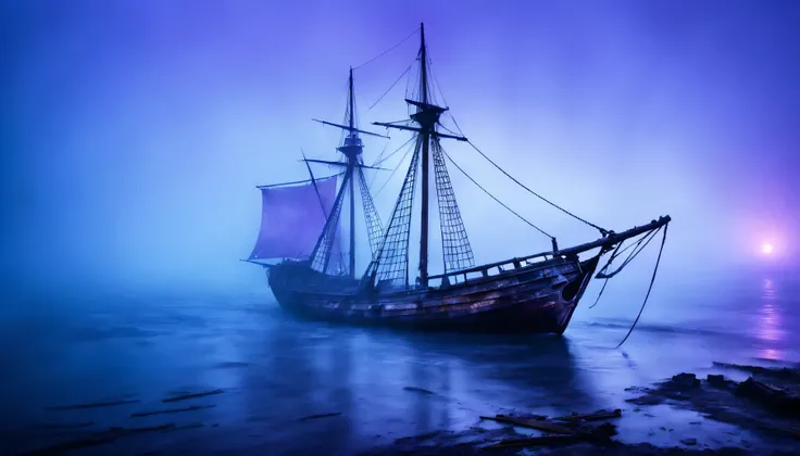 Create a strange sailing ship，in the dark sea，There is purple smoke and fog around，Nautical theme，dark style，damaged sailing ship，tattered sail，Skeleton Sailboat，Broken planks，no humans，The sea surface glows with a faint blue light，ghostly mist