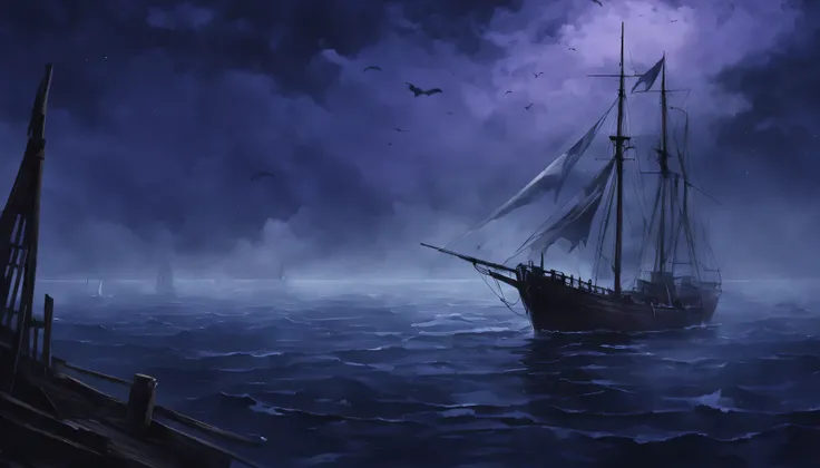 Create a strange sailing ship，in the dark sea，There is purple smoke and fog around，Nautical theme，dark style，damaged sailing ship，tattered sail，Skeleton Sailboat，Broken planks，no humans，The sea surface glows with a faint blue light，ghostly mist