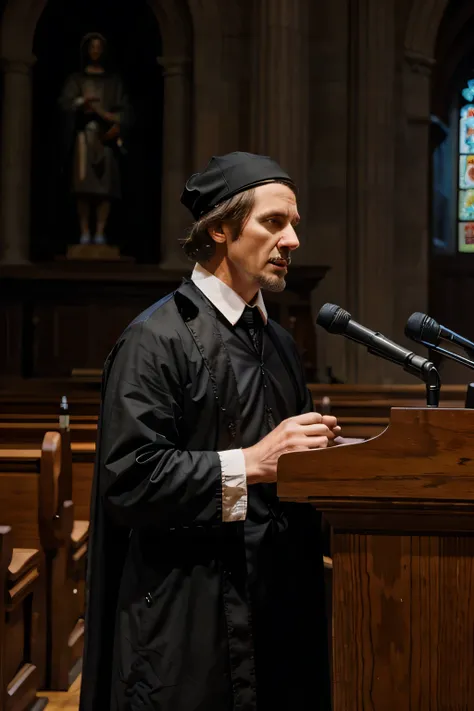 puritan man, preaching on the wood pulpit, black toga, puritan 17th beautiful church, full resolution, great details, puritans congregation