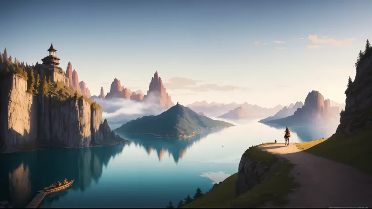 There is a man riding a horse on a mountain with a lake in the background, Martin Raphael Lacoste, por Raphael Lacoste, inspired por Raphael Lacoste, Estilo de Rafael Lacoste, Assassins Creed, Estilo Fantasy 8 K Octano Render, por Kerembeyit, Beeple y Jean...