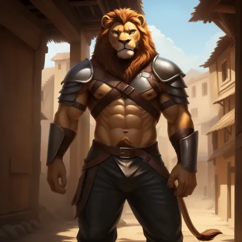 (masterpiece), (ultra-detailed), (best quality), (masterpiece), one male, ((solo_focused)), anthro lion, handsome, smooth skin, bare skin, physically fit, ((athletic)), full body, (lion head), orange fur, pawed hands, muscular, leather armor, fierce, stand...