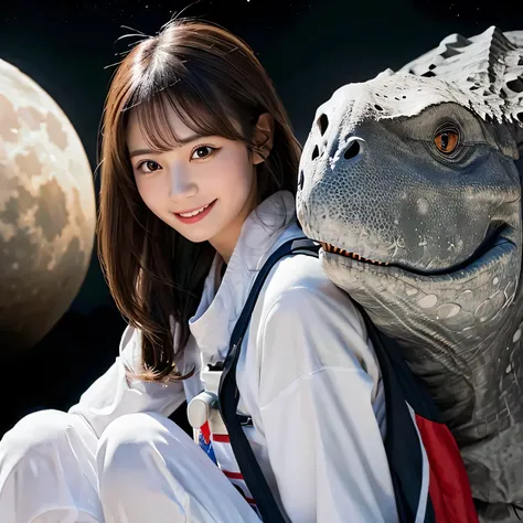 (Girl and dinosaurs  on the moon:1.5) ,(landing on the moon:1.2),(dinosaurs:1.2),original photography,(ultimate beauty portrait、sparkling skin、1 girl、Smile、bright expression、brown hair、Big eyes sparkling like gems、Harajuku、24 year old beautiful girl),space...