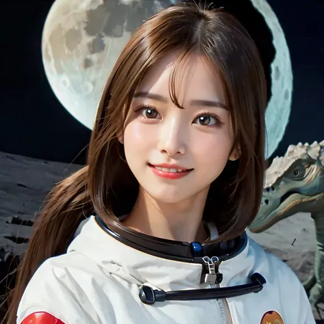 (Girl and dinosaurs  on the moon:1.5) ,(landing on the moon:1.2),(dinosaurs:1.2),original photography,(ultimate beauty portrait、sparkling skin、1 girl、Smile、bright expression、brown hair、Big eyes sparkling like gems、Harajuku、24 year old beautiful girl),space...