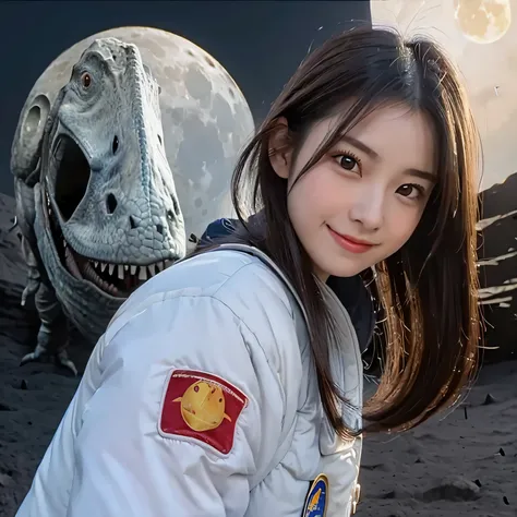 (Girl and dinosaurs  on the moon:1.5) ,(landing on the moon:1.2),(dinosaurs:1.2),original photography,(ultimate beauty portrait、sparkling skin、1 girl、Smile、bright expression、brown hair、Big eyes sparkling like gems、Harajuku、24 year old beautiful girl),space...