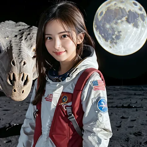 (Girl and dinosaurs  on the moon:1.5) ,(landing on the moon:1.2),(dinosaurs:1.2),original photography,(ultimate beauty portrait、sparkling skin、1 girl、Smile、bright expression、brown hair、Big eyes sparkling like gems、Harajuku、24 year old beautiful girl),space...