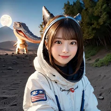 (Girl and dinosaurs  on the moon:1.5) ,(landing on the moon:1.2),(dinosaurs:1.2),original photography,(ultimate beauty portrait、sparkling skin、1 girl、Smile、bright expression、brown hair、Big eyes sparkling like gems、Harajuku、24 year old beautiful girl),space...