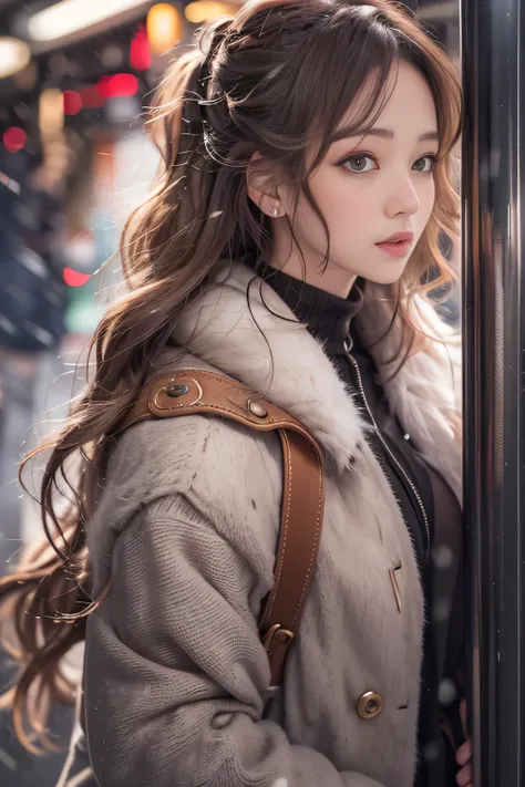 1 female、Early 20s、(Strong-willed super beauty)、(super beautiful face)、(detailed face)、put on makeup、Wavy brown hair、christmas snowy night、Standing on the platform of a metropolitan station、The background is a stopped train、shallow depth of field