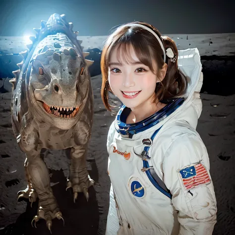 (Girl and dinosaurs  on the moon:1.5) ,(landing on the moon:1.2),(dinosaurs:1.2),original photography,(ultimate beauty portrait、sparkling skin、1 girl、Smile、bright expression、brown hair、Big eyes sparkling like gems、Harajuku、24 year old beautiful girl),space...