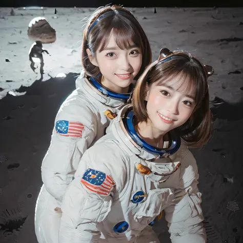 (Girl and dinosaurs  on the moon:1.5) ,(landing on the moon:1.2),(dinosaurs:1.2),original photography,(ultimate beauty portrait、sparkling skin、1 girl、Smile、bright expression、brown hair、Big eyes sparkling like gems、Harajuku、24 year old beautiful girl),space...